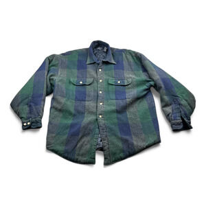 Vintage Van Heusen Shirt Jacket Adult LARGE Green Black Watch Plaid Barn Coat